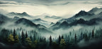 Papier peint panoramique Montagnes boisées dans la brume : vue à plat du motif, crêtes boisées et sapins vert profond dans la brume