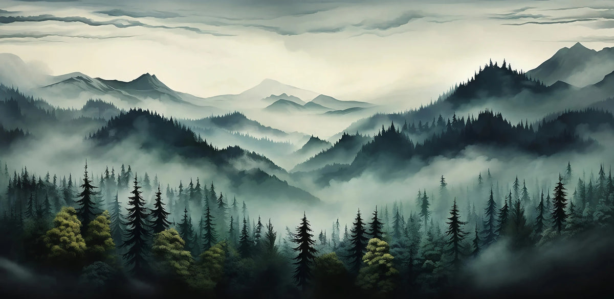 Papier peint panoramique Montagnes boisées dans la brume : vue à plat du motif, crêtes boisées et sapins vert profond dans la brume