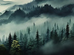 Papier peint panoramique Montagnes boisées dans la brume : détail du motif, sapins dans la brume