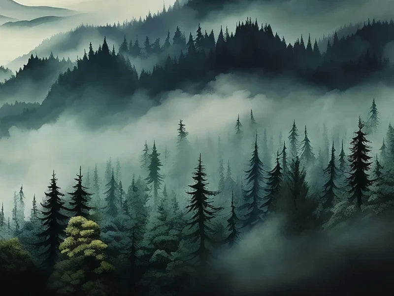 Papier peint panoramique Montagnes boisées dans la brume : détail du motif, sapins dans la brume