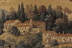 Papier peint panoramique Village toscan et grands arbres, peinture ancienne : détail du motif, maisons du village et cyprès