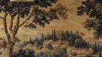 Papier peint panoramique Village toscan et grands arbres, peinture ancienne : vue du motif, village aux toits de tuiles, cyprès et collines entre deux grands arbres