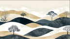 Papier peint panoramique Collines encre et sable : vue élargie du motif, collines stylisées bleu encre et sable sous un ciel crème