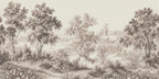 Papier peint panoramique Paysage gravé sépia aux grands arbres : vue à plat, grands arbres, prairies fleuries et collines gravés en sépia sur fond crème