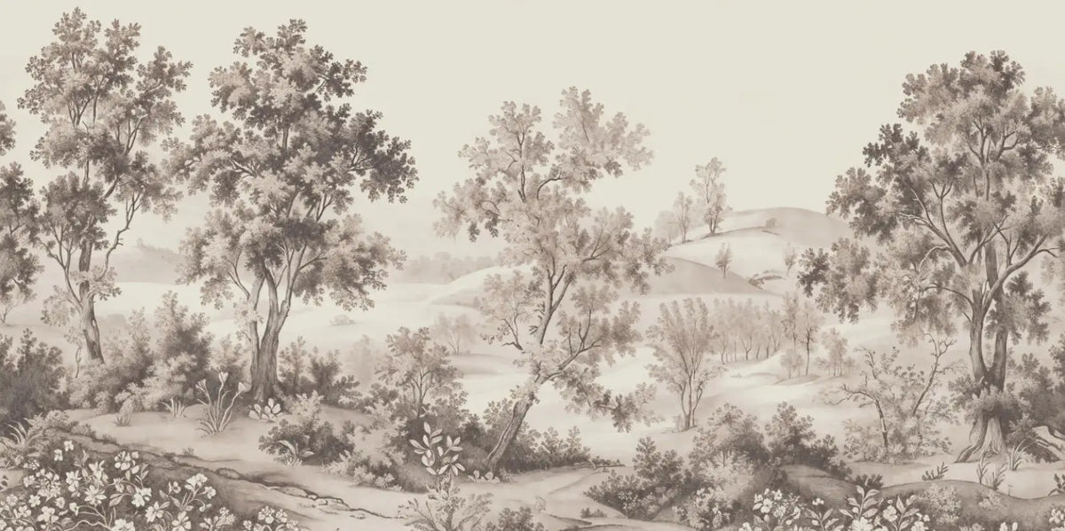 Papier peint panoramique Paysage gravé sépia aux grands arbres : vue à plat, grands arbres, prairies fleuries et collines gravés en sépia sur fond crème