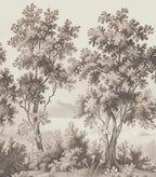 Papier peint panoramique Paysage gravé sépia aux grands arbres : détail du motif, grand arbre gravé sépia