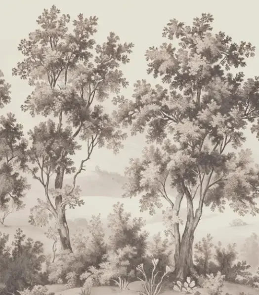 Papier peint panoramique Paysage gravé sépia aux grands arbres : détail du motif, grand arbre gravé sépia