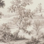 Papier peint panoramique Paysage gravé sépia aux grands arbres : détail du motif, prairie fleurie et collines