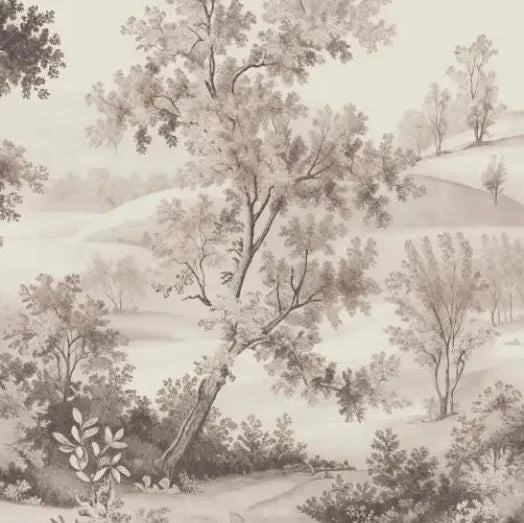 Papier peint panoramique Paysage gravé sépia aux grands arbres : détail du motif, prairie fleurie et collines