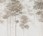 Papier peint panoramique Futaie aquarelle taupe aux oiseaux : détail du motif, troncs fins et feuillages rosés