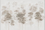 Papier peint panoramique Futaie aquarelle taupe aux oiseaux : vue à plat, arbres élancés à l'aquarelle taupe et rosé sur fond gris perle, vol d'oiseaux
