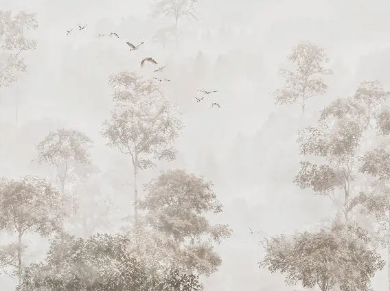 Papier peint panoramique Futaie aquarelle taupe aux oiseaux : détail du motif, cimes taupe et vol d'oiseaux