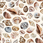 Papier peint panoramique Coquillages aquarelle : vue à plat, coquillages et conques à l'aquarelle en beige, brun et gris bleuté, serrés sur fond crème