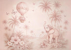 Papier peint panoramique Éléphant et montgolfière rose poudré : vue à plat du motif, éléphanteau, montgolfière et palmiers en camaïeu rose poudré
