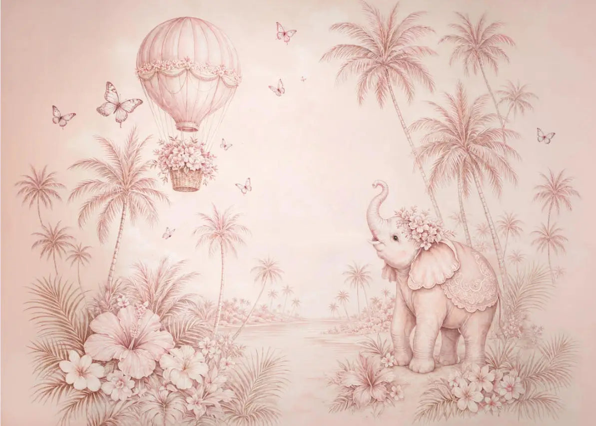 Papier peint panoramique Éléphant et montgolfière rose poudré : vue à plat du motif, éléphanteau, montgolfière et palmiers en camaïeu rose poudré