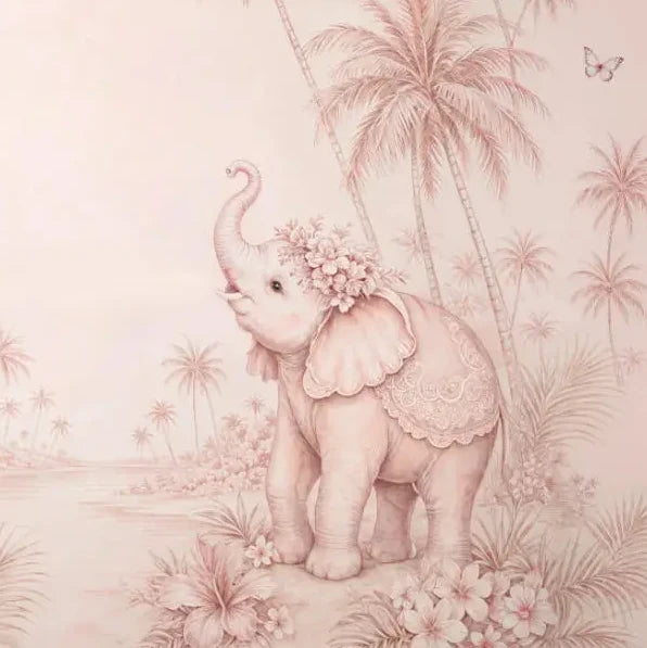 Papier peint panoramique Éléphant et montgolfière rose poudré : détail du motif, éléphanteau fleuri parmi les palmiers