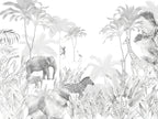 Papier peint panoramique Jungle et animaux noir et blanc : vue du motif, palmiers, feuillages et animaux de la savane dessinés en gris sur fond blanc