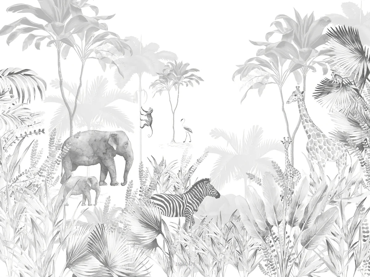 Papier peint panoramique Jungle et animaux noir et blanc : vue du motif, palmiers, feuillages et animaux de la savane dessinés en gris sur fond blanc