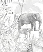 Papier peint panoramique Jungle et animaux noir et blanc : détail du motif, éléphante et son petit au milieu des feuillages gris