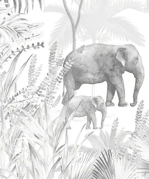 Papier peint panoramique Jungle et animaux noir et blanc : détail du motif, éléphante et son petit au milieu des feuillages gris