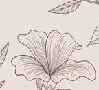Papier peint panoramique Grandes fleurs au trait rose poudré : détail du motif, fleur et feuillage au trait sur fond rose poudré
