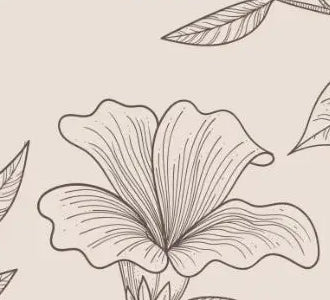 Papier peint panoramique Grandes fleurs au trait rose poudré : détail du motif, fleur et feuillage au trait sur fond rose poudré