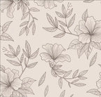 Papier peint panoramique Grandes fleurs au trait rose poudré : vue à plat, grandes fleurs et rameaux dessinés d'un trait fin gris sur fond rose poudré