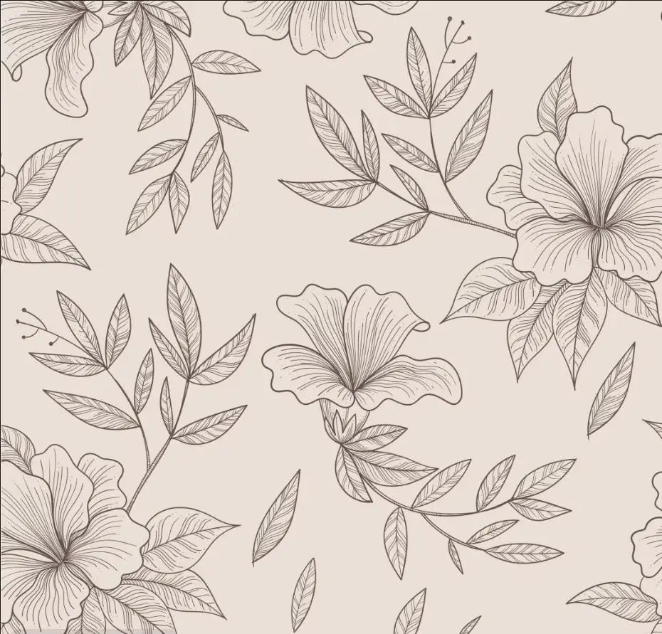Papier peint panoramique Grandes fleurs au trait rose poudré : vue à plat, grandes fleurs et rameaux dessinés d'un trait fin gris sur fond rose poudré