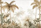 Papier peint panoramique Palmiers peints sépia : vue du motif, palmiers et bananiers peints en sépia, sable et vert-de-gris dans la brume