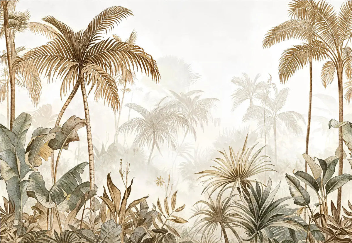 Papier peint panoramique Palmiers peints sépia : vue du motif, palmiers et bananiers peints en sépia, sable et vert-de-gris dans la brume