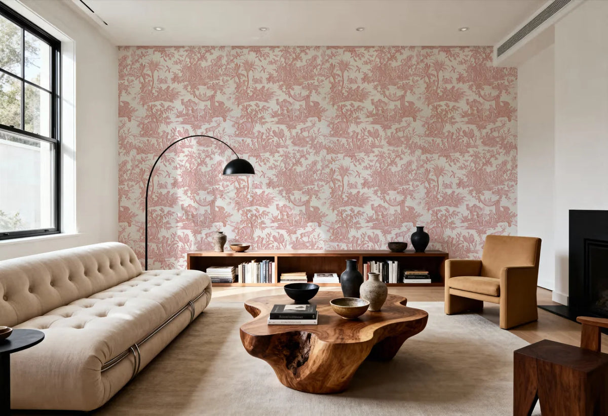 Papier peint panoramique Toile de Jouy vieux rose : toile de Jouy vieux rose sur un grand mur de salon, canapé capitonné crème et table basse en bois brut