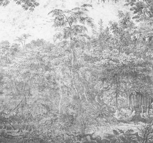 Papier peint panoramique Forêt ancienne à l'encre grise : détail du motif, sous-bois