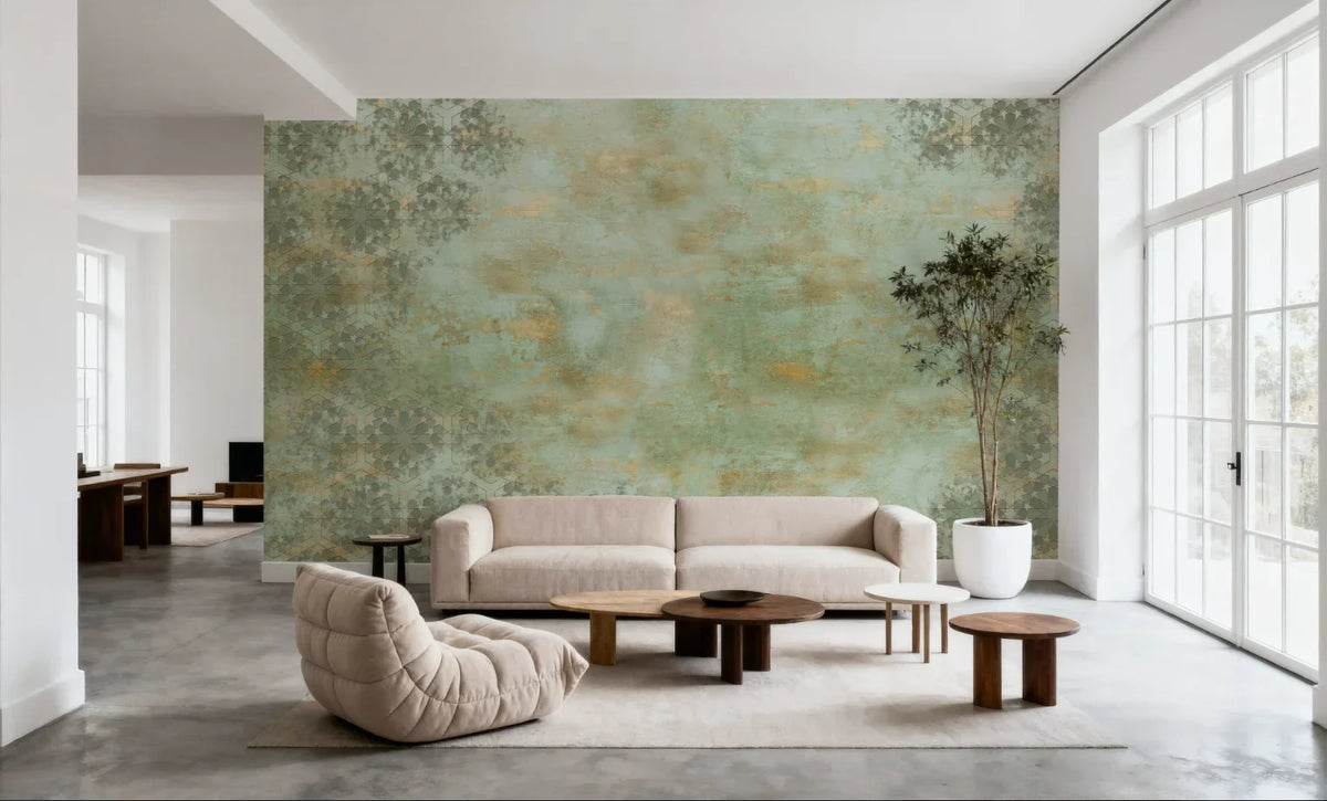 Papier peint effet chaux patinée vert sauge : effet chaux patinée vert sauge, ramages effacés, posé dans un salon