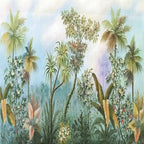 Papier peint panoramique Jungle peinte à l'ancienne : vue du motif, jungle peinte, palmiers et feuillages verts sous un ciel bleu nuageux