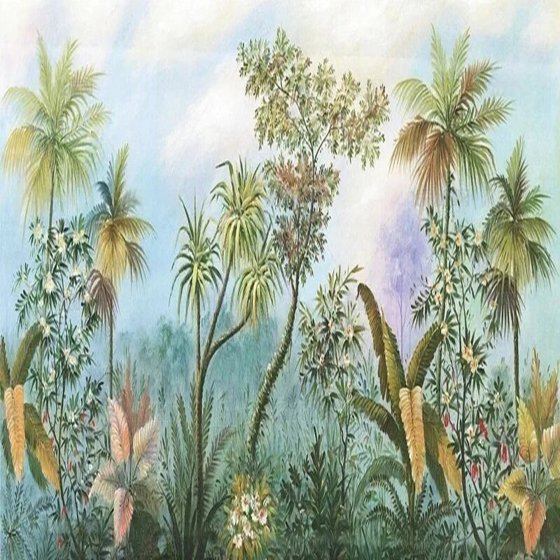 Papier peint panoramique Jungle peinte à l'ancienne : vue du motif, jungle peinte, palmiers et feuillages verts sous un ciel bleu nuageux