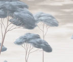 Papier peint panoramique Pins parasols peints bleu brume : détail du motif, cimes de pins parasols bleu brume