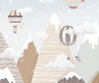 Papier peint panoramique Montgolfières et montagnes grège : détail du motif, montgolfière rayée et sommets enneigés à motifs graphiques