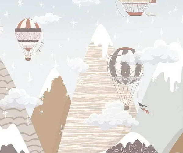 Papier peint panoramique Montgolfières et montagnes grège : détail du motif, montgolfière rayée et sommets enneigés à motifs graphiques