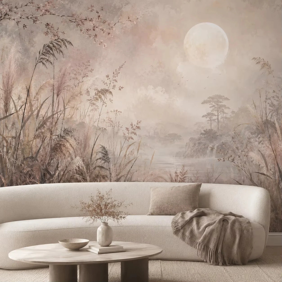 Papier peint panoramique Lune et herbes folles vieux rose : herbes folles, roseaux et lune pâle sur un lac brumeux vieux rose, derrière un canapé arrondi