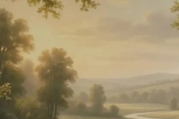 Papier peint panoramique Rivière dans la vallée, peinture ancienne : détail du motif, arbres et collines peints dans la brume dorée