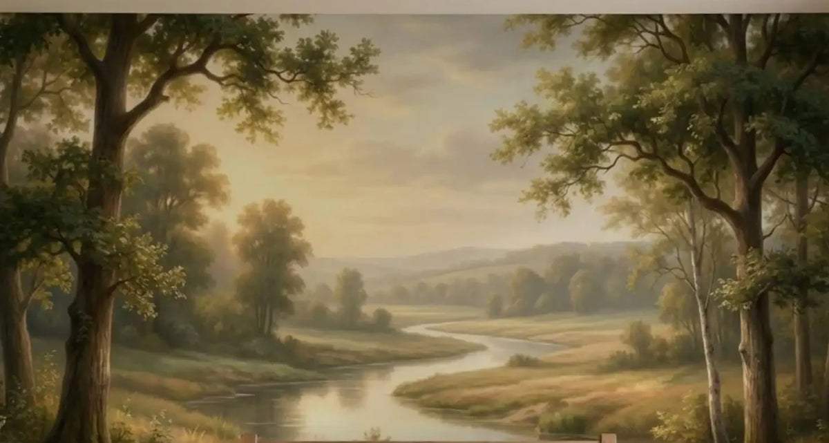 Papier peint panoramique Rivière dans la vallée, peinture ancienne : vue du motif, rivière sinueuse entre de grands arbres, collines dans une lumière dorée