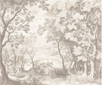 Papier peint panoramique Parc à la française, gravure sépia : vue à plat du motif, parc et grands arbres gravés en sépia sur fond crème