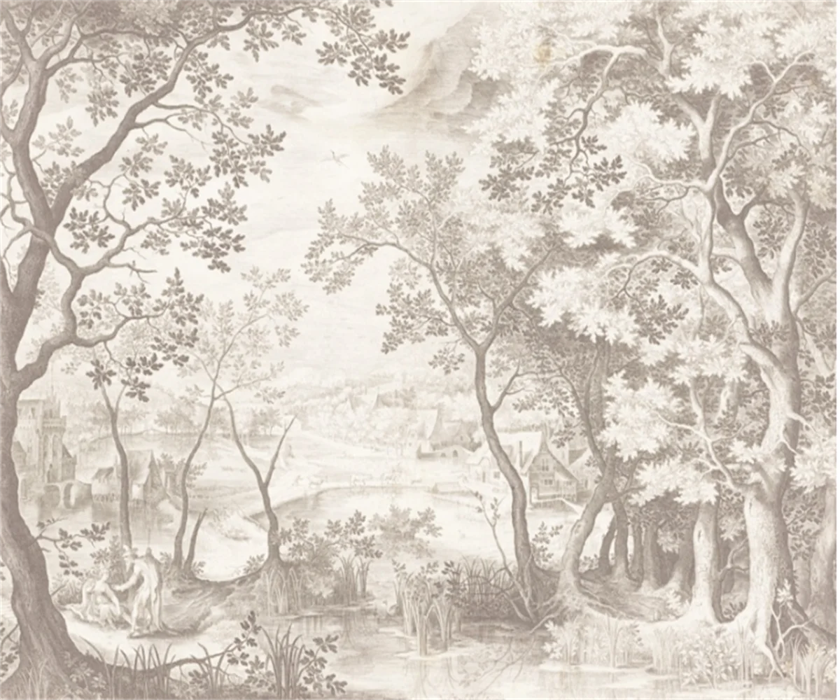 Papier peint panoramique Parc à la française, gravure sépia : vue à plat du motif, parc et grands arbres gravés en sépia sur fond crème