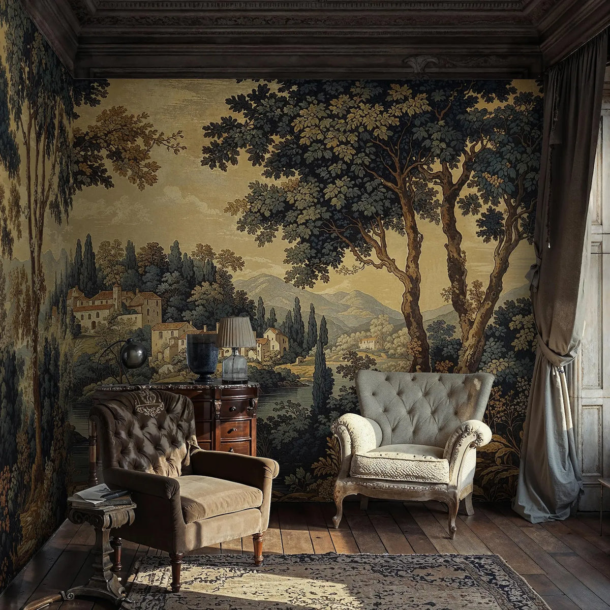 Papier peint panoramique Village toscan et grands arbres, peinture ancienne : village toscan et grands arbres peints dans un salon ancien, fauteuils capitonnés et tapis
