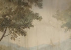 Papier peint panoramique Vallée brumeuse peinte vert-de-gris : détail du motif, feuillages peints et lointains brumeux