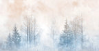 Papier peint panoramique Forêt d'hiver aquarelle pastel : vue du motif, bouleaux et sapins à l'aquarelle dans une brume rose poudré et bleu glacier