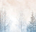 Papier peint panoramique Forêt d'hiver aquarelle pastel : détail du motif, bouleaux nus et sapin bleuté dans la brume pastel