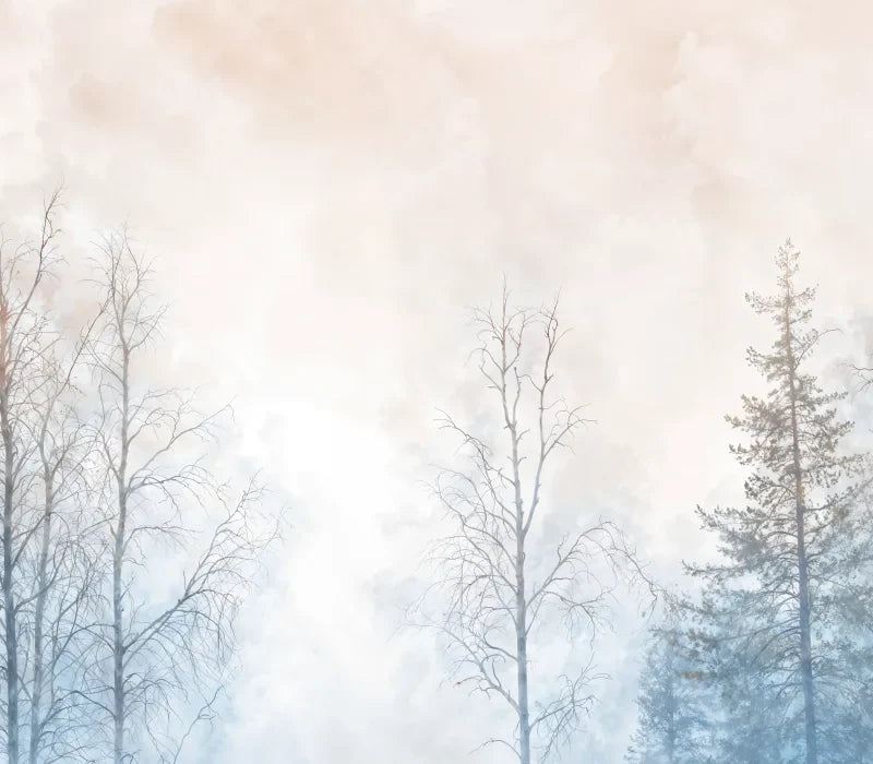 Papier peint panoramique Forêt d'hiver aquarelle pastel : détail du motif, bouleaux nus et sapin bleuté dans la brume pastel