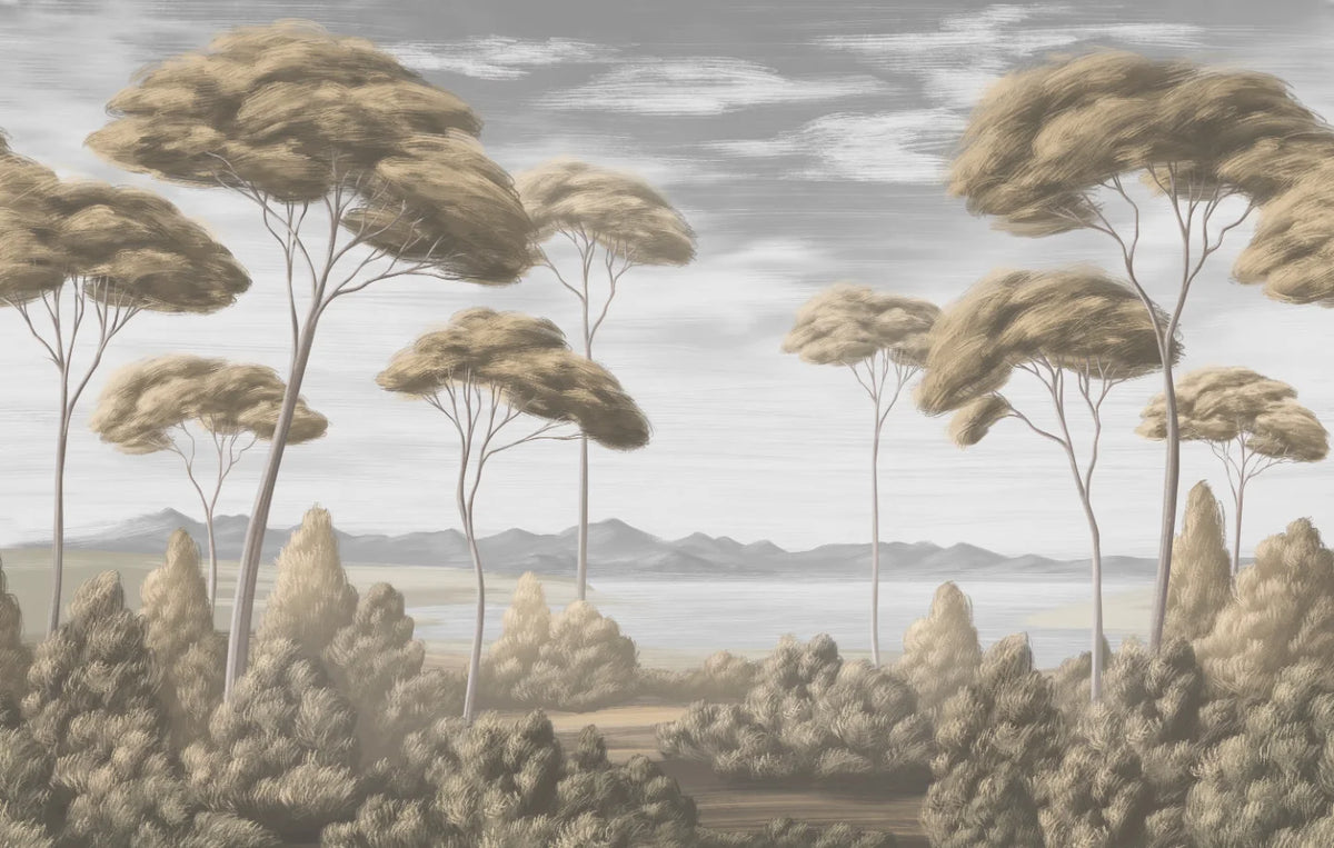 Papier peint panoramique Pins parasols peints sépia : vue à plat, pins parasols aux cimes sépia, bosquets et lac sous un ciel gris perle