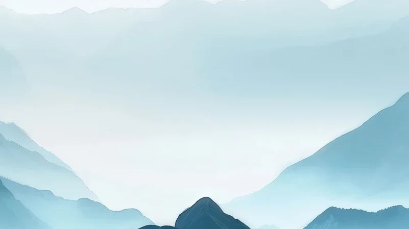 Papier peint panoramique Montagnes aquarelle bleu canard dans la brume : détail du motif, lointains bleu pâle et nappes de brume